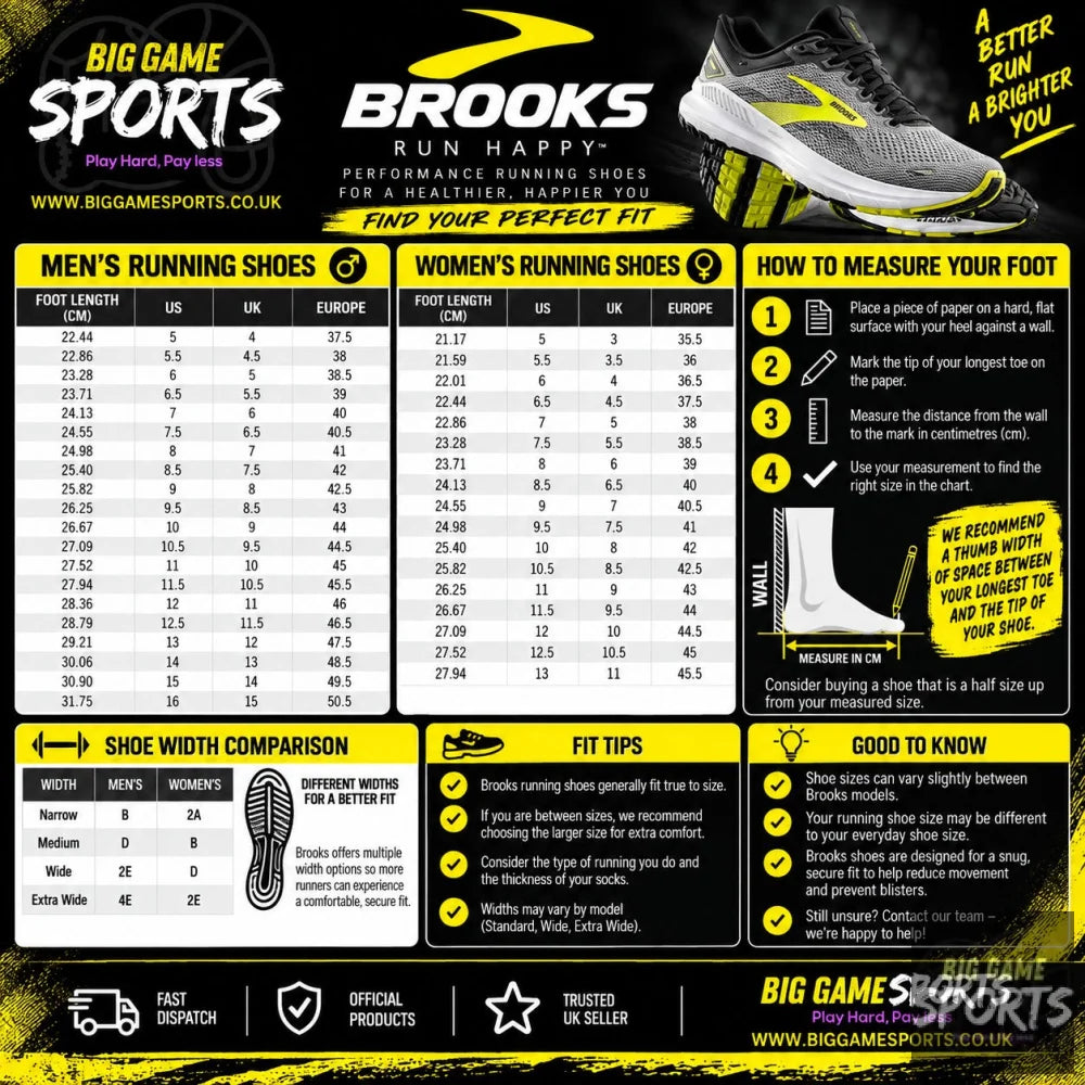 A large informational infographic poster from Big Game Sports about measuring your foot and comparing running shoe sizes, with tables for men's and women's shoes, a shoe width comparison chart, fit tips, and a large running shoe illustration at the top right.