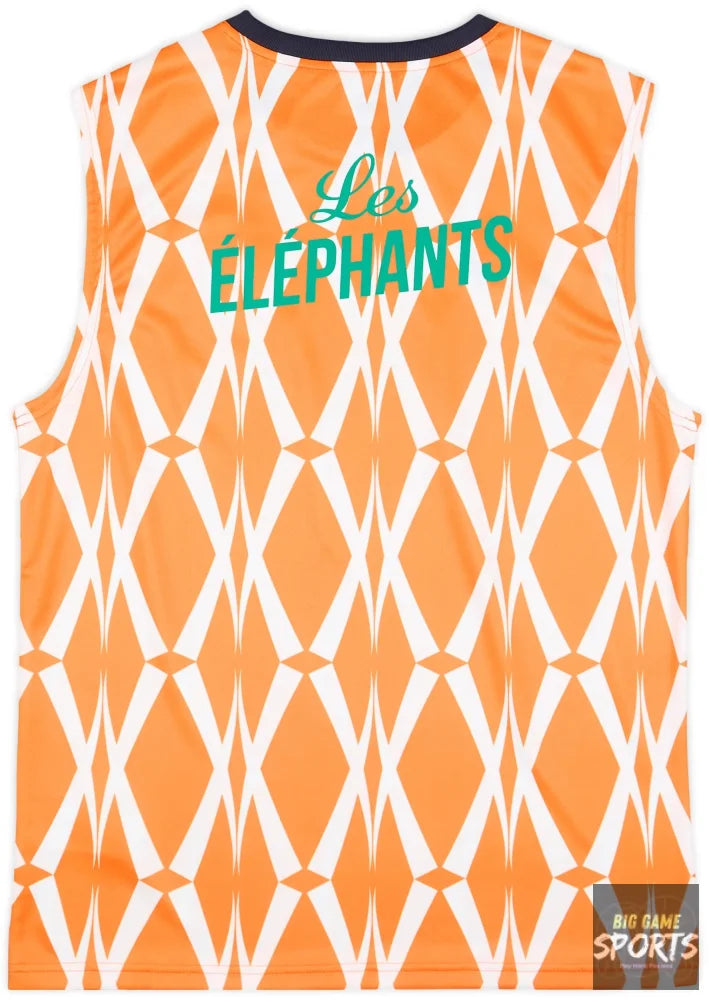 Orange sleeveless shirt with white geometric pattern and 'Les éléphants' text on a white background