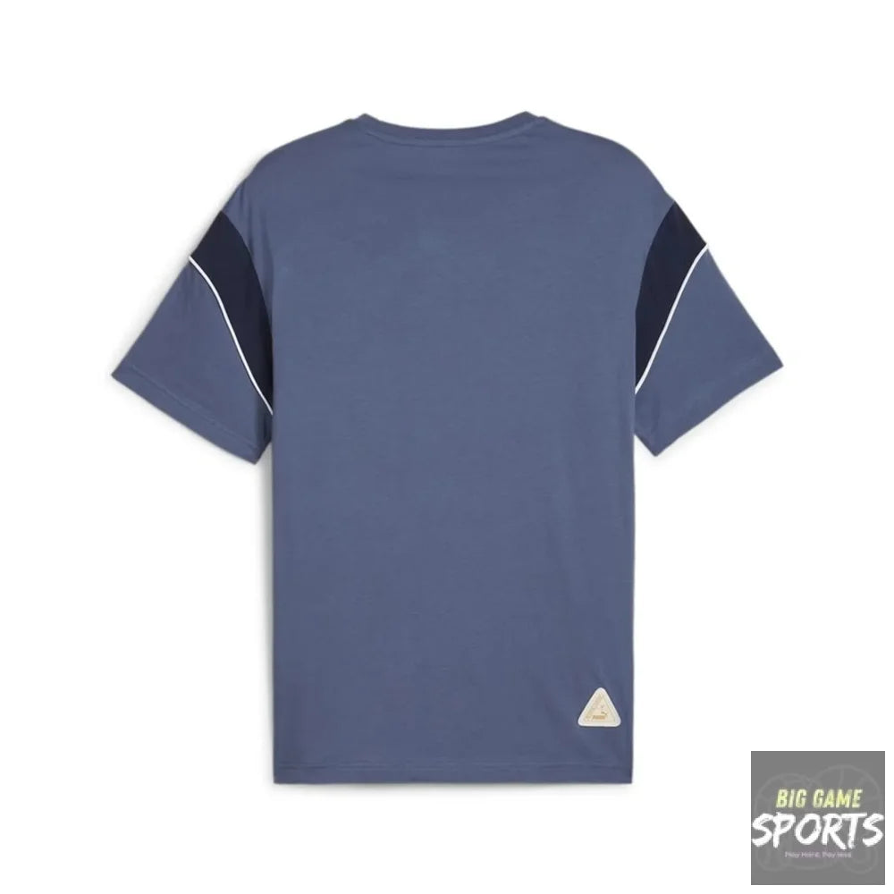 Blue t-shirt with a small logo on the back against a white background