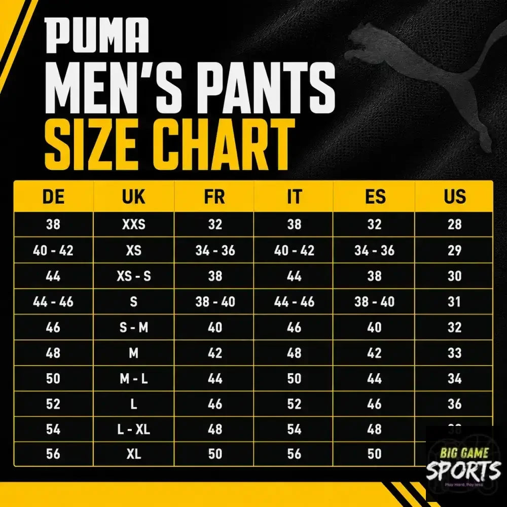 Puma men's pants size chart graphic with a black and yellow design, featuring columns for DE, UK, FR, IT, ES, and US sizes and ranges.