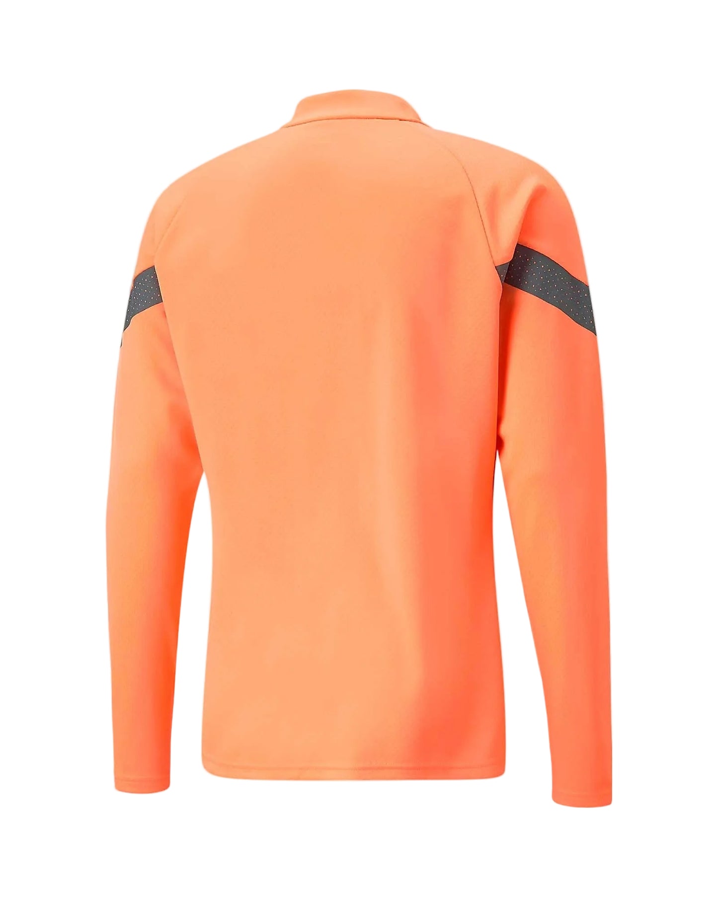 Orange long-sleeve shirt with black accents on a light gray background