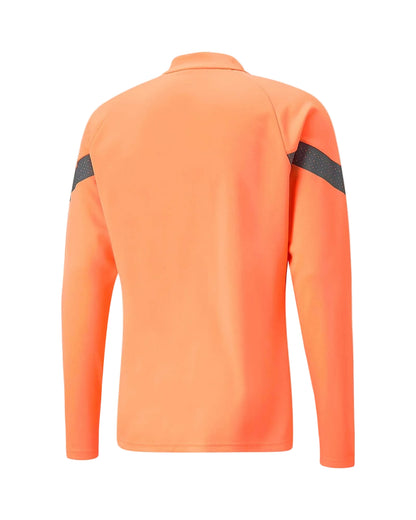 Orange long-sleeve shirt with black accents on a light gray background