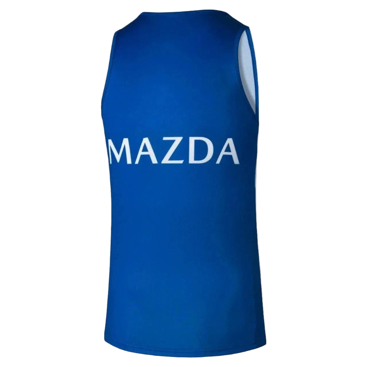 A royal blue sleeveless athletic tank top featuring the word 'MAZDA' printed in white across the chest, shown against a plain white background.