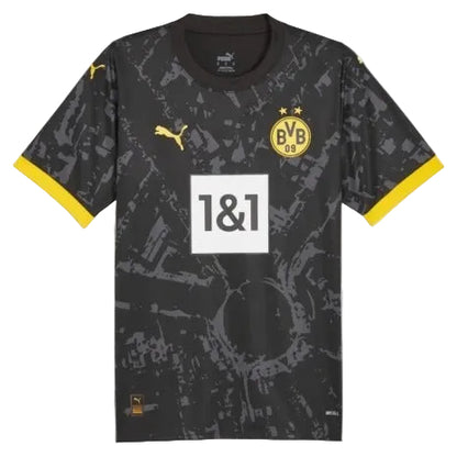 Black sports jersey with yellow accents and branding on a white background