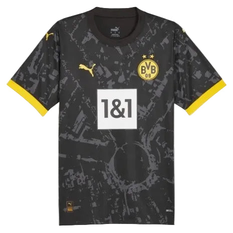 Black sports jersey with yellow accents and branding on a white background