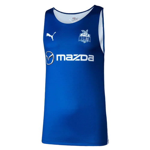 A blue sleeveless athletic jersey with white trim, featuring the Puma logo, Northampton Town crest, and a prominent white Mazda sponsor logo on the front, set against a solid black background.