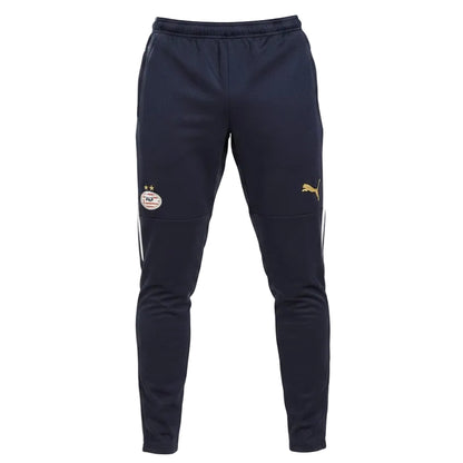 Navy tracksuit pants with brand logos on a white background