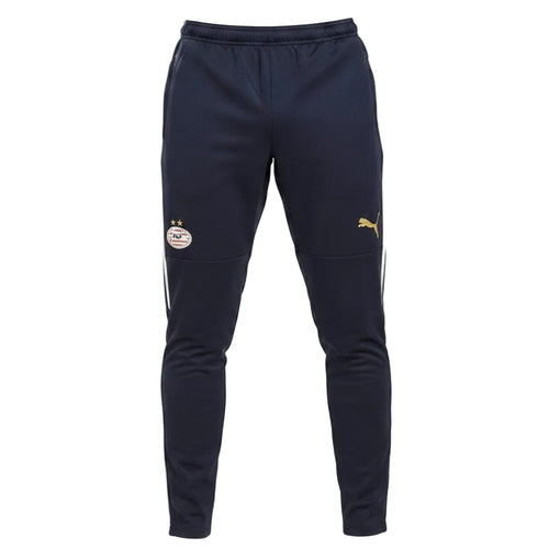 Navy tracksuit pants with brand logos on a white background