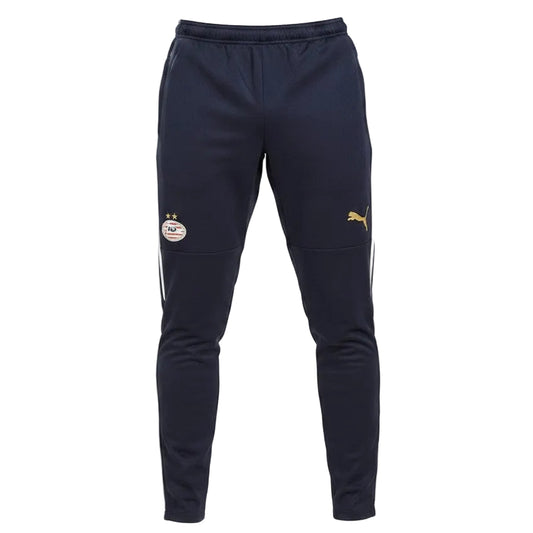 Navy tracksuit pants with brand logos on a white background