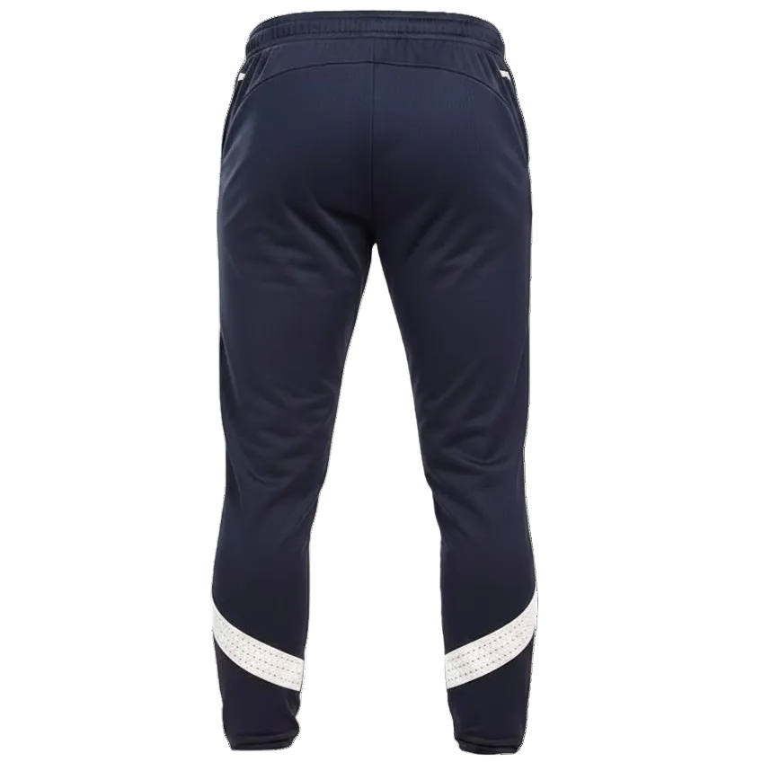 Navy blue pants with white reflective stripes on a white background