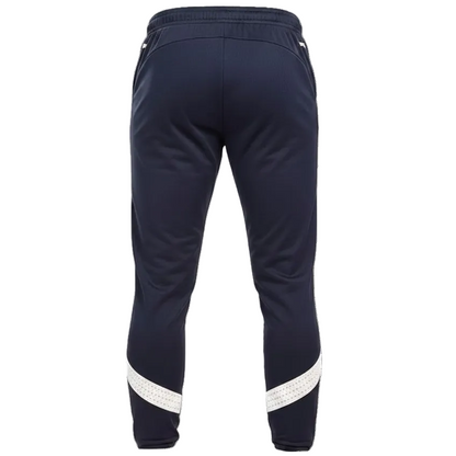 Navy blue pants with white reflective stripes on a white background