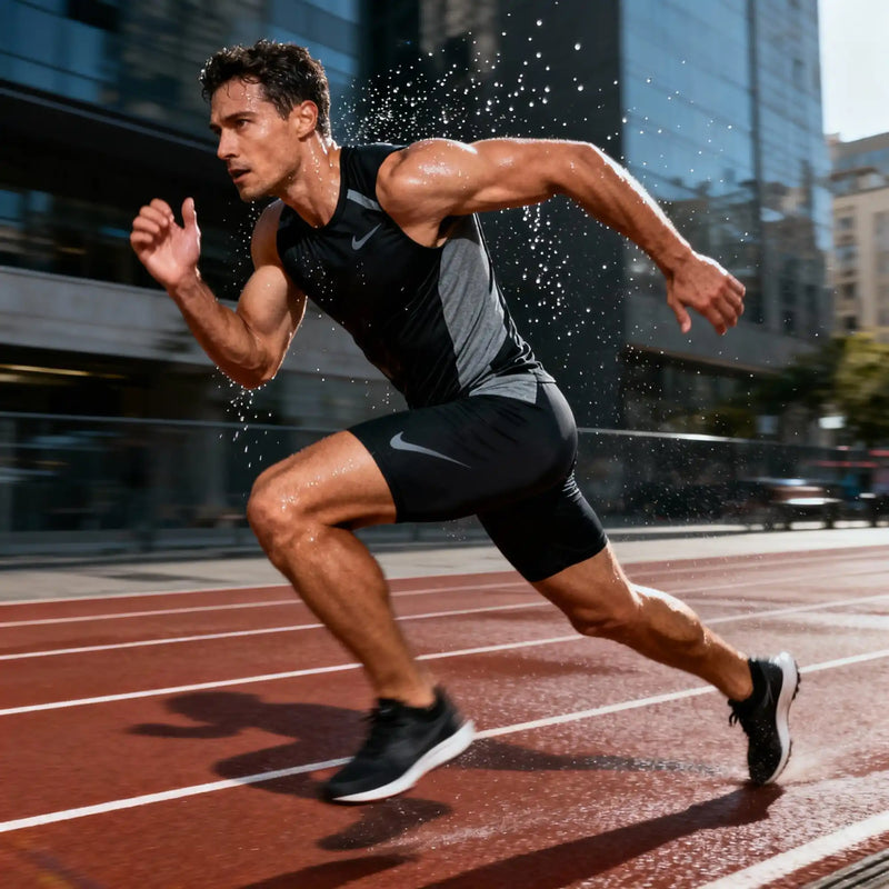 Black and gray athletic suit with reflective stripes, designed for running on a track.