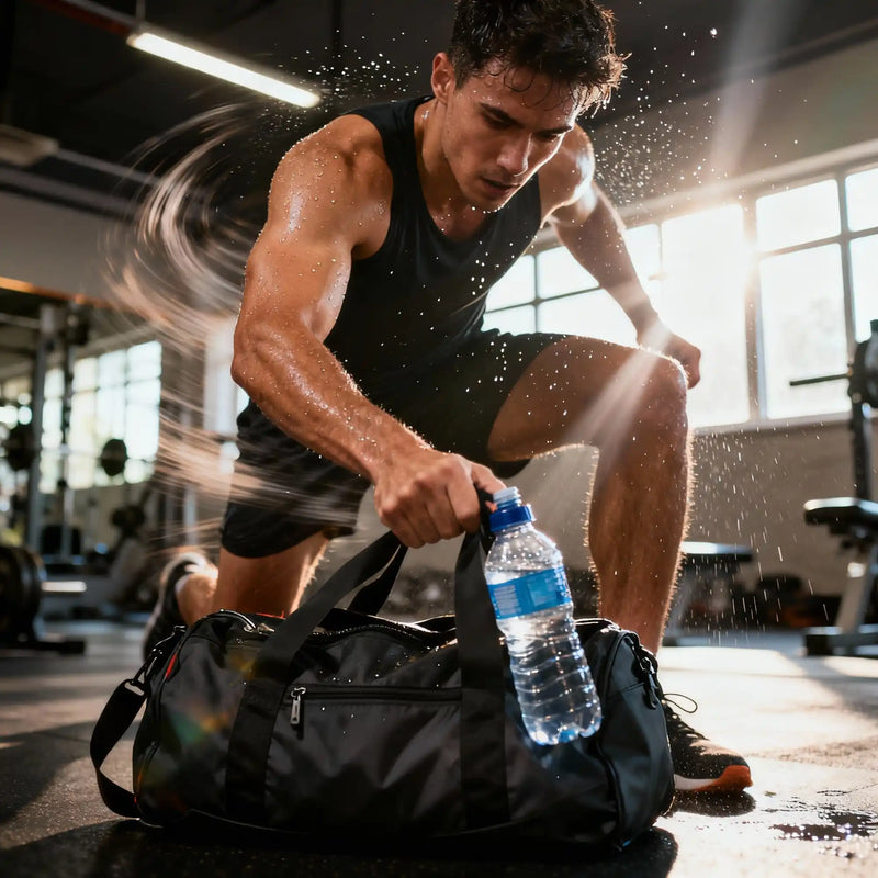 Black gym duffel bag with water bottle holder and multiple compartments.