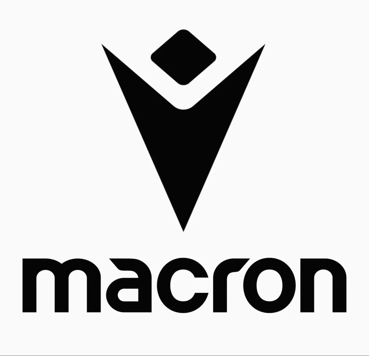 Black macron logo featuring a stylized human figure with outstretched arms and a diamond-shaped head, positioned above the brand name in bold lowercase letters.