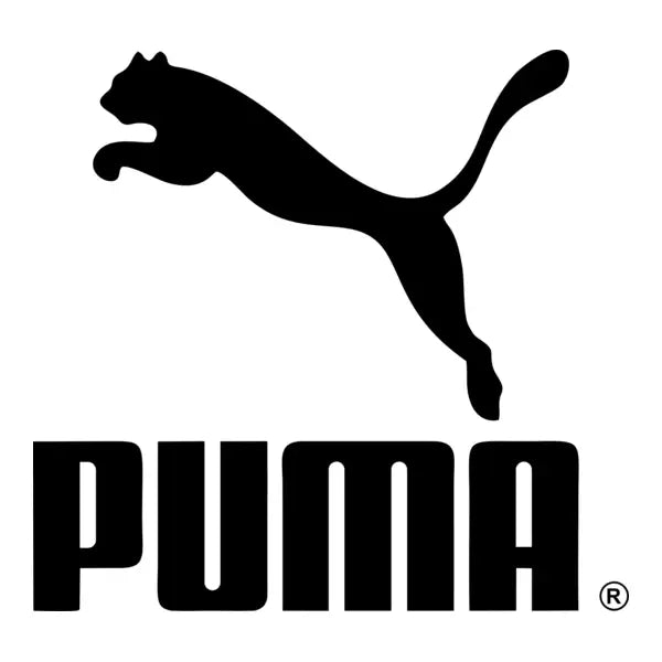 Black silhouette of a leaping cat logo with the word ’puma’ in bold black letters below it.