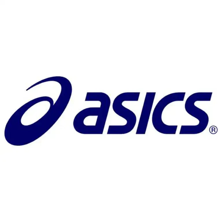 Blue asics logo featuring a stylized swoosh and bold lettering.
