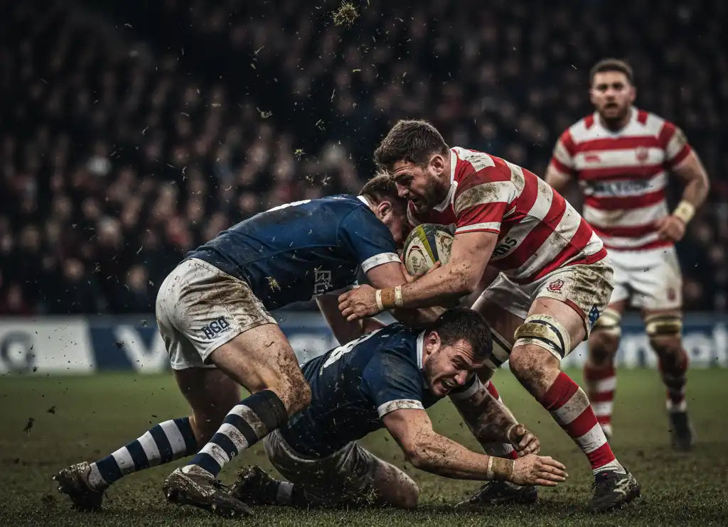 Blue rugby jersey with white stripes and black accents, made of polyester.