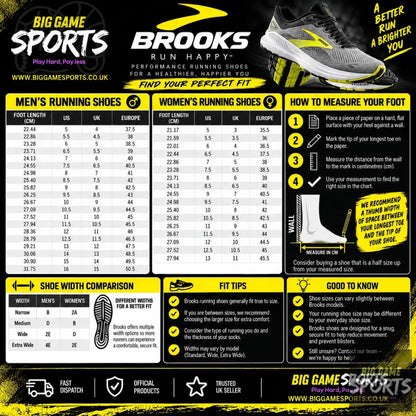 A large informational infographic poster from Big Game Sports about measuring your foot and comparing running shoe sizes, with tables for men's and women's shoes, a shoe width comparison chart, fit tips, and a large running shoe illustration at the top right.