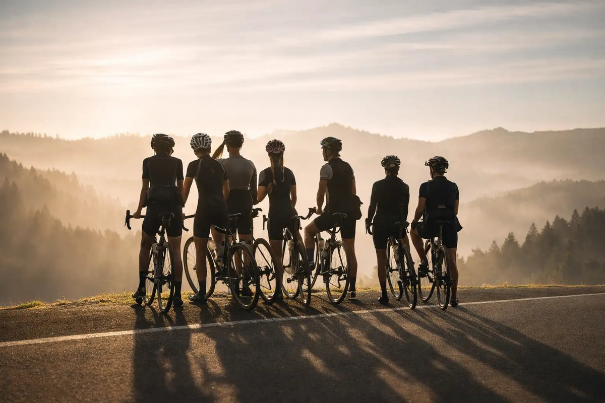 Group of seven cyclists in black athletic gear and helmets, standing with their road bikes on a sunlit mountain pass.