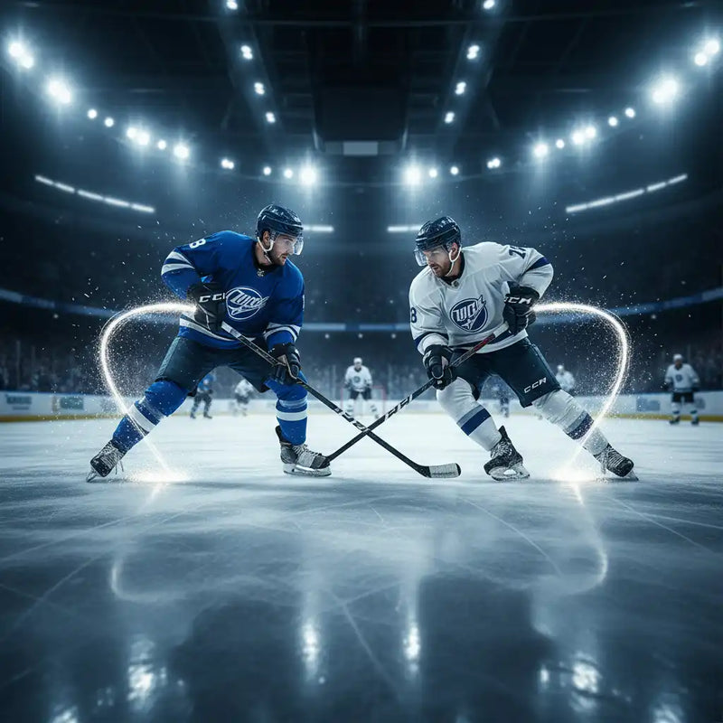 Hockey stick with white and blue design, made of composite material.