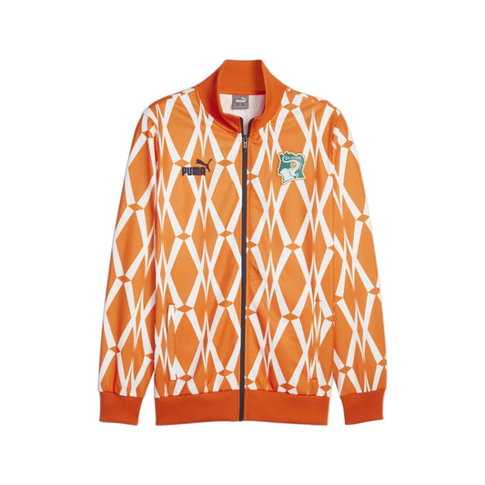 Orange and white patterned jacket with Puma logo on a white background