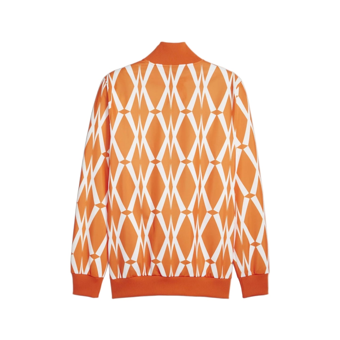Orange sweater with white geometric pattern on a white background