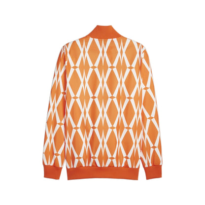 Orange sweater with white geometric pattern on a white background