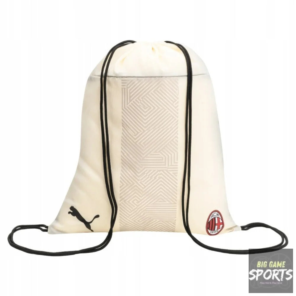 Beige drawstring bag with black strings on a white background
