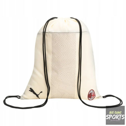 Beige drawstring bag with black strings on a white background