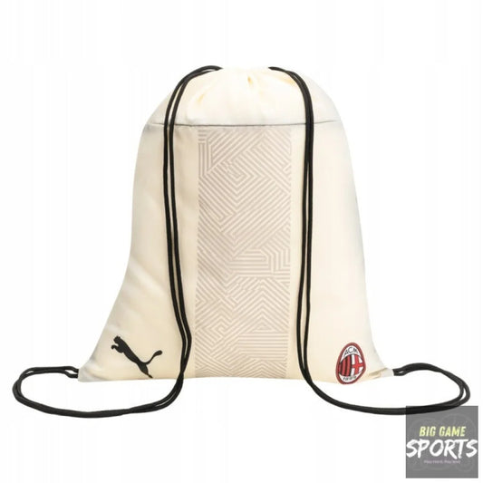 Beige drawstring bag with black strings on a white background