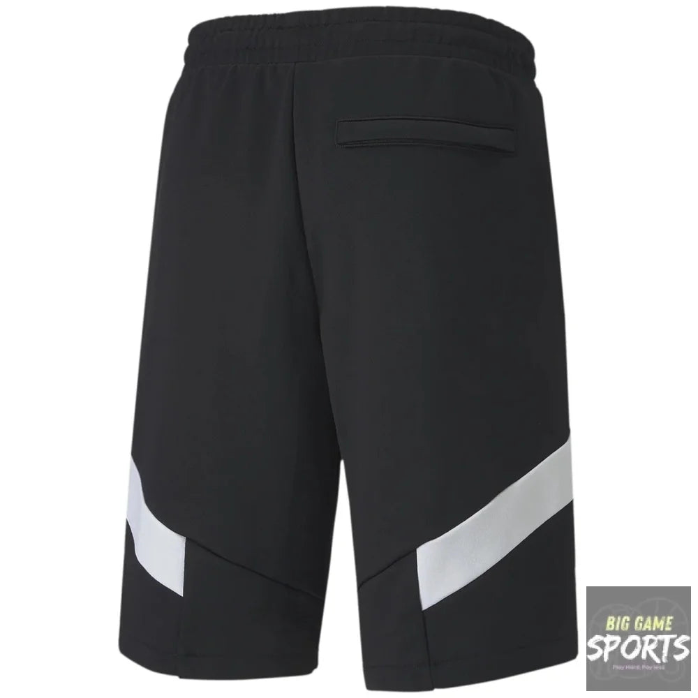 Black shorts with white and gray accents on a white background