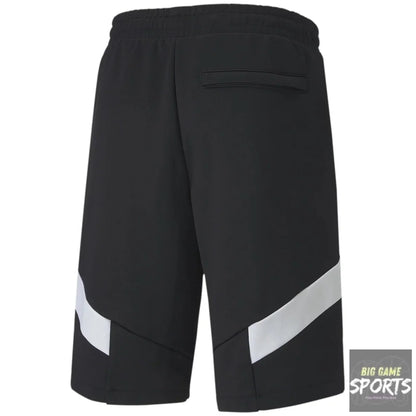Black shorts with white and gray accents on a white background