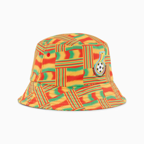 Colorful bucket hat with geometric pattern on a white background