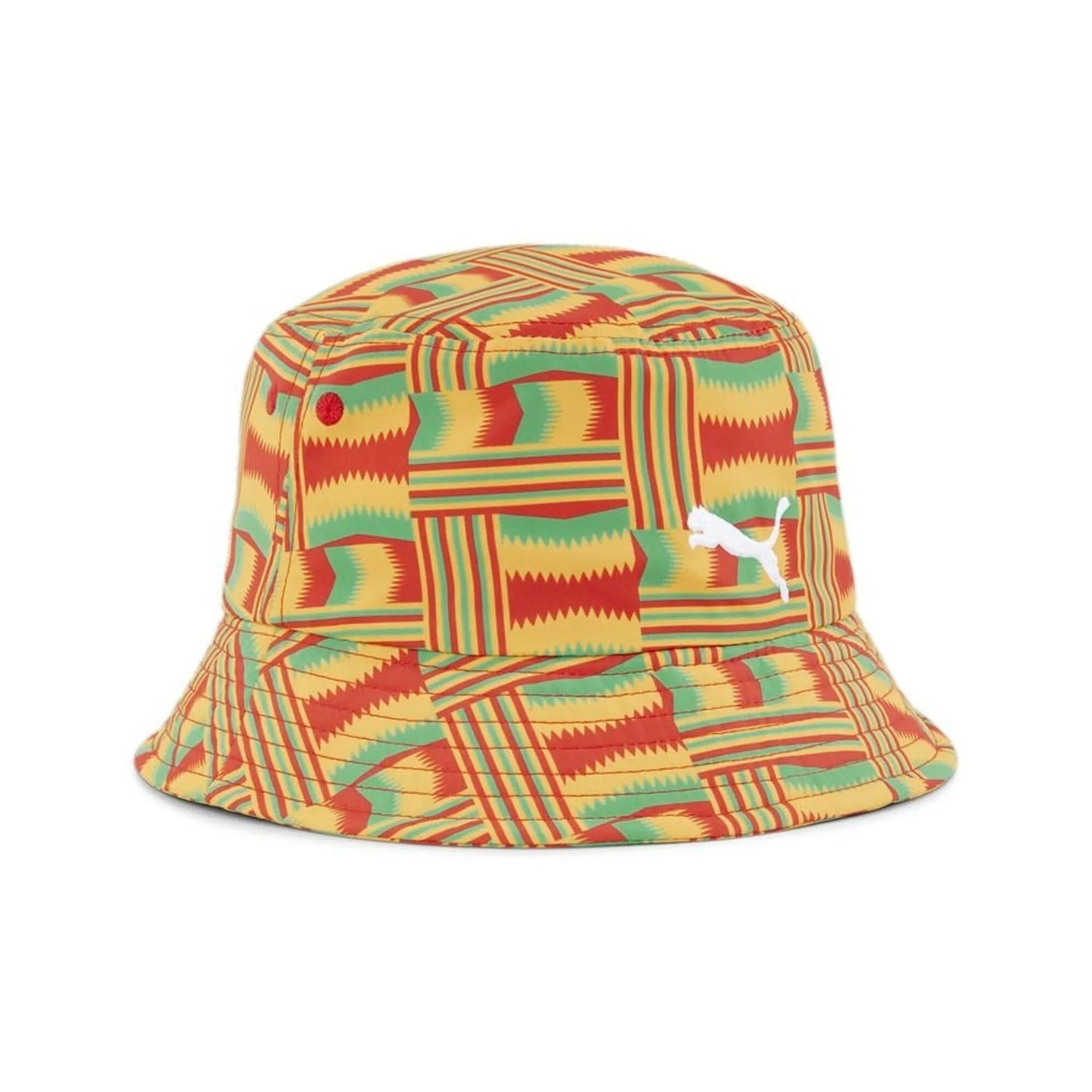 Colorful patterned bucket hat on a white background