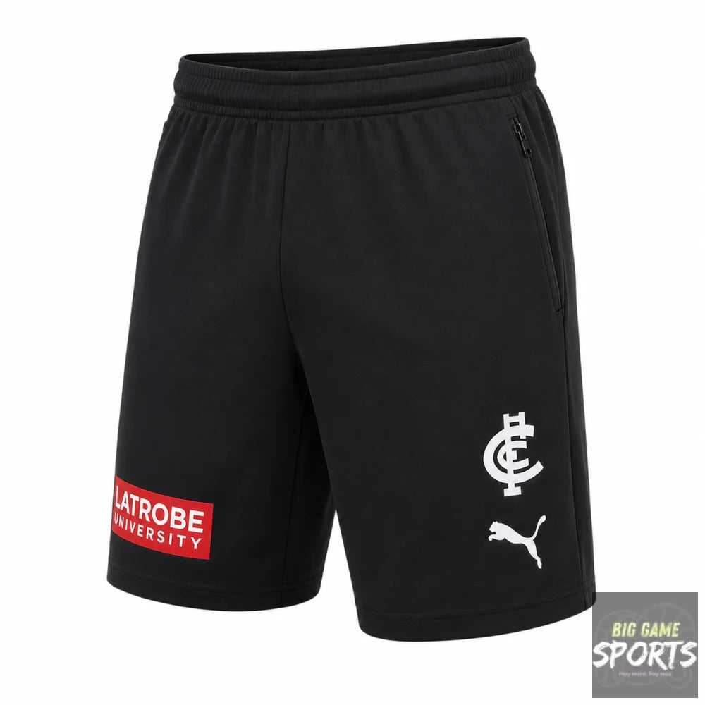 Black athletic shorts featuring a white FC Cincinnati crest and Puma logo on the right leg, and a red and white Latrobe University patch on the left leg, shown against a plain white background.