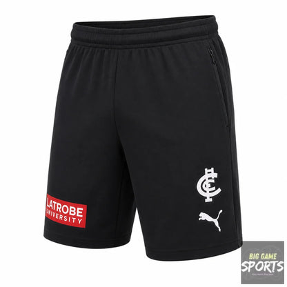 Black athletic shorts featuring a white FC Cincinnati crest and Puma logo on the right leg, and a red and white Latrobe University patch on the left leg, shown against a plain white background.
