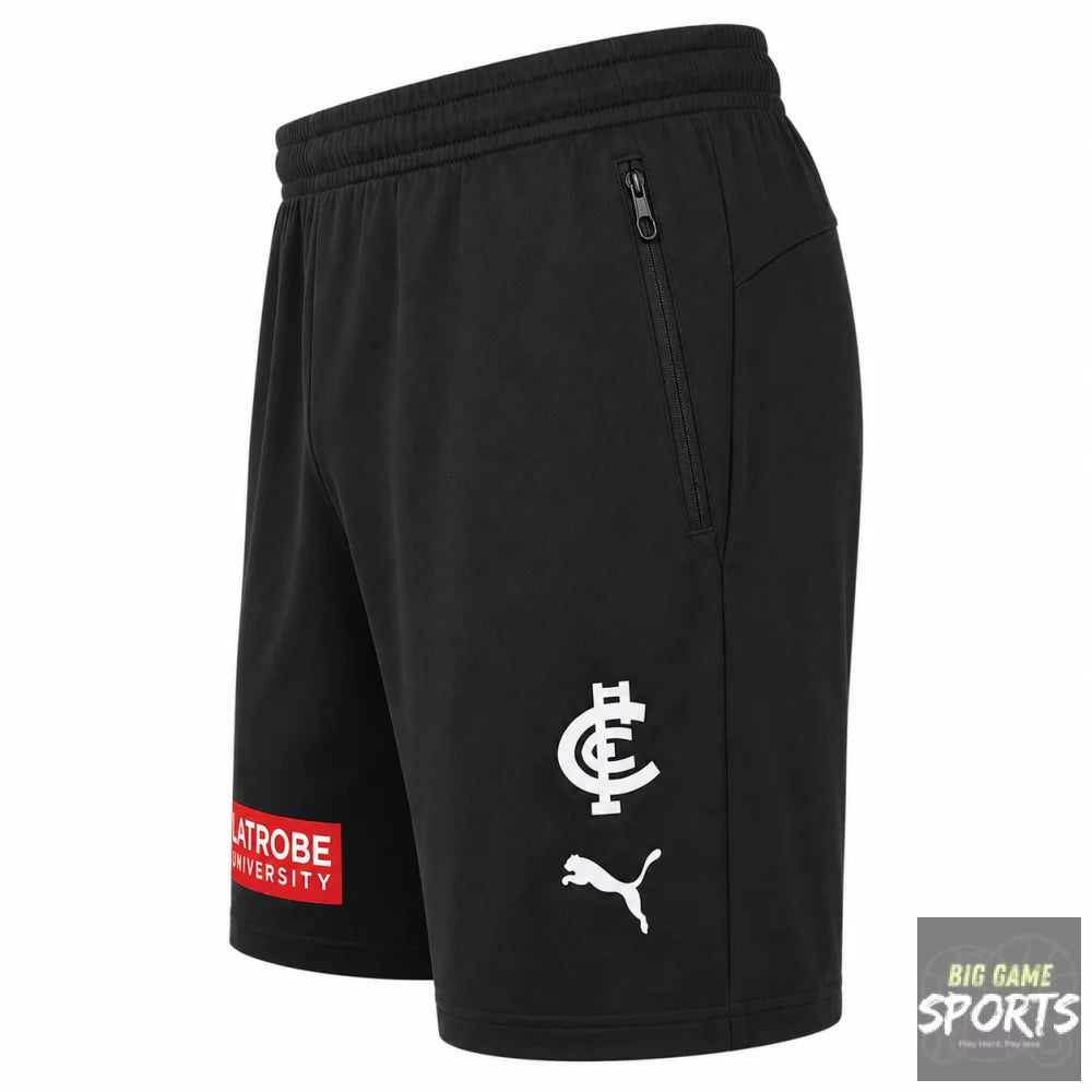 Black athletic shorts with a white Puma logo and a white CFB crest on the left leg, featuring a side zip pocket and a red and white 'Atrobe University' patch on the right hem.
