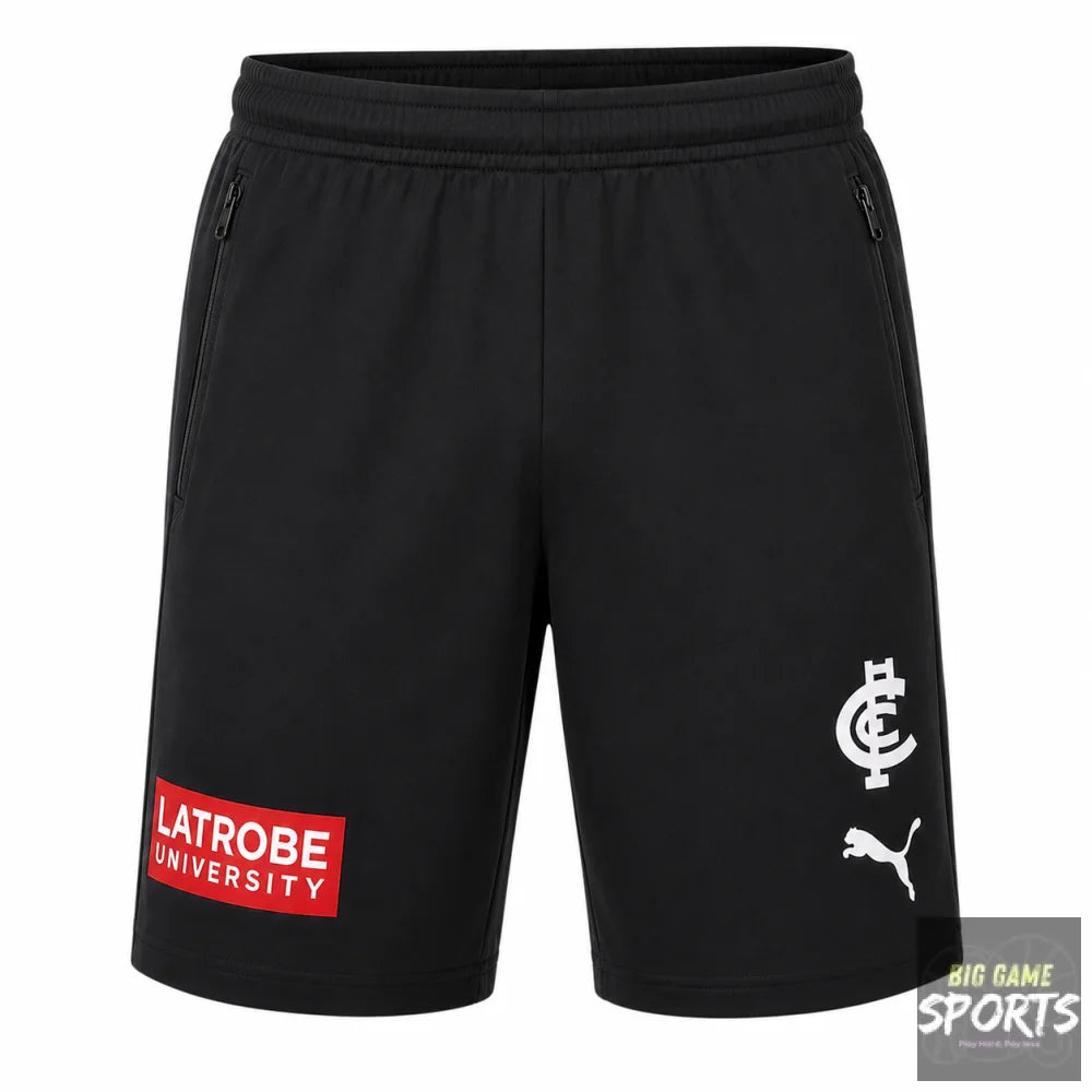 Black Puma athletic shorts featuring a red and white Latrobe University patch on the left leg, a white FC Clifton crest on the right leg, and a white Puma logo below it.