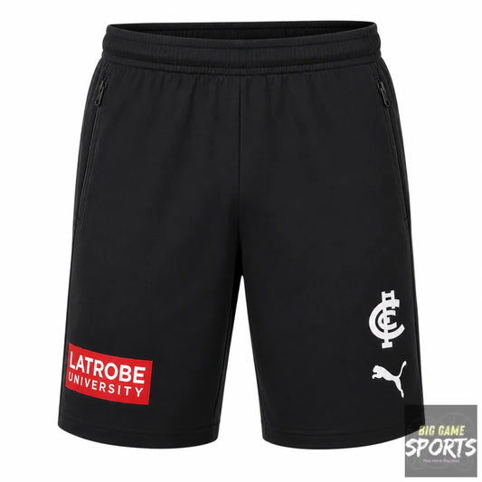 Black Puma athletic shorts featuring a red and white Latrobe University patch on the left leg, a white FC Clifton crest on the right leg, and a white Puma logo below it.