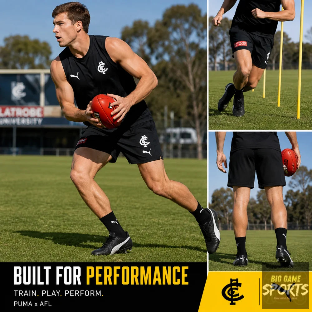A man running on a grassy field wearing a black sleeveless athletic top and black shorts, holding a red football. Three smaller inset views show close-ups of the same outfit from different angles.