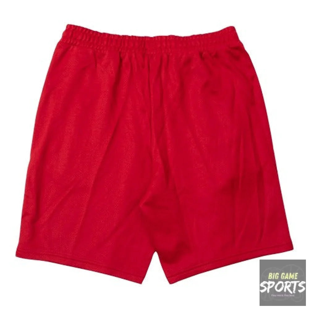 Red athletic shorts with an elastic waistband, shown flat against a white background.