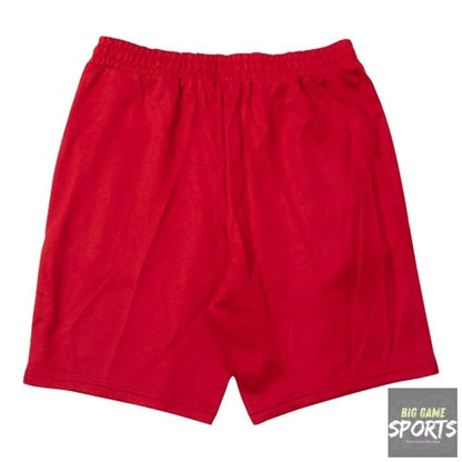 Red athletic shorts with an elastic waistband, shown flat against a white background.