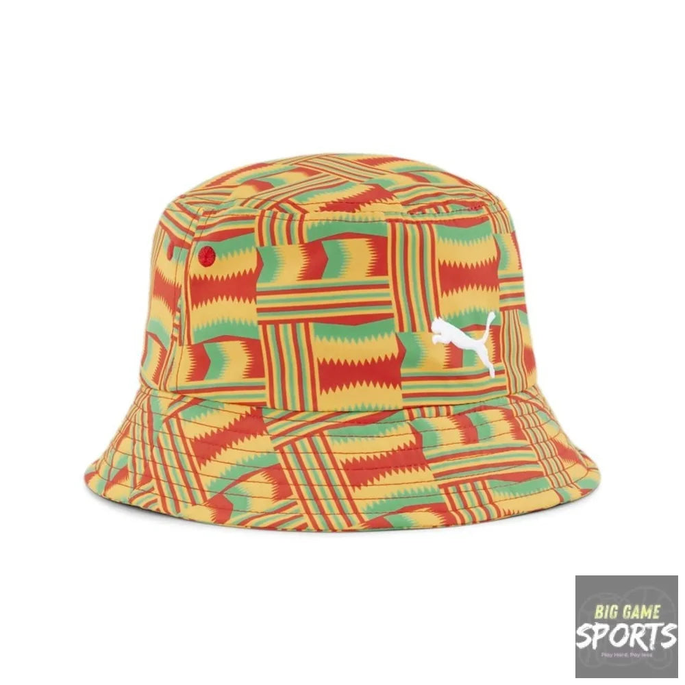 Colorful patterned bucket hat on a white background