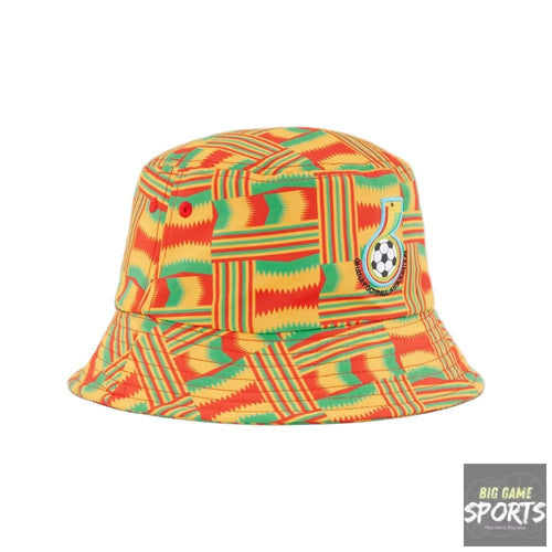 Colorful bucket hat with geometric pattern on a white background