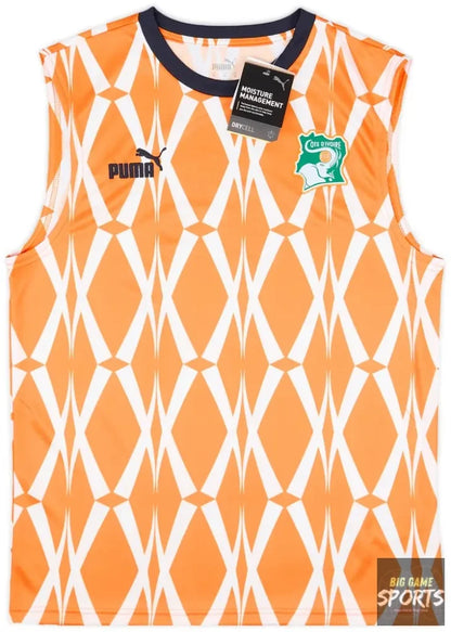 Orange sleeveless sports jersey with white geometric pattern, Puma logo, and a tag on a white background.