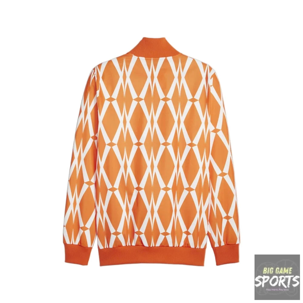 Orange sweater with white geometric pattern on a white background