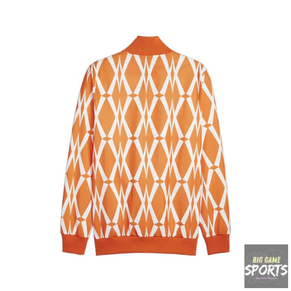 Orange sweater with white geometric pattern on a white background