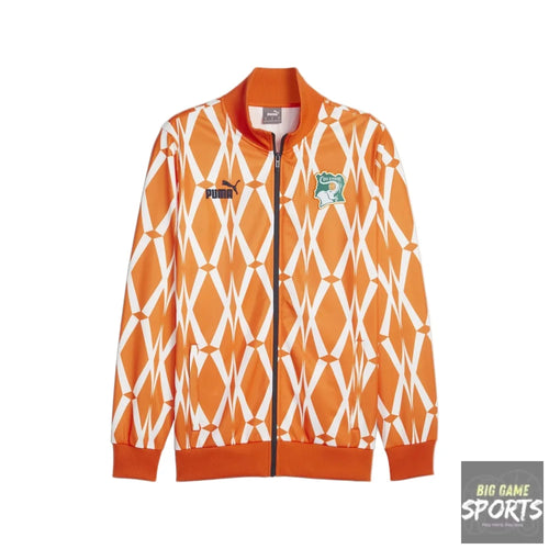 Orange and white patterned jacket with Puma logo on a white background