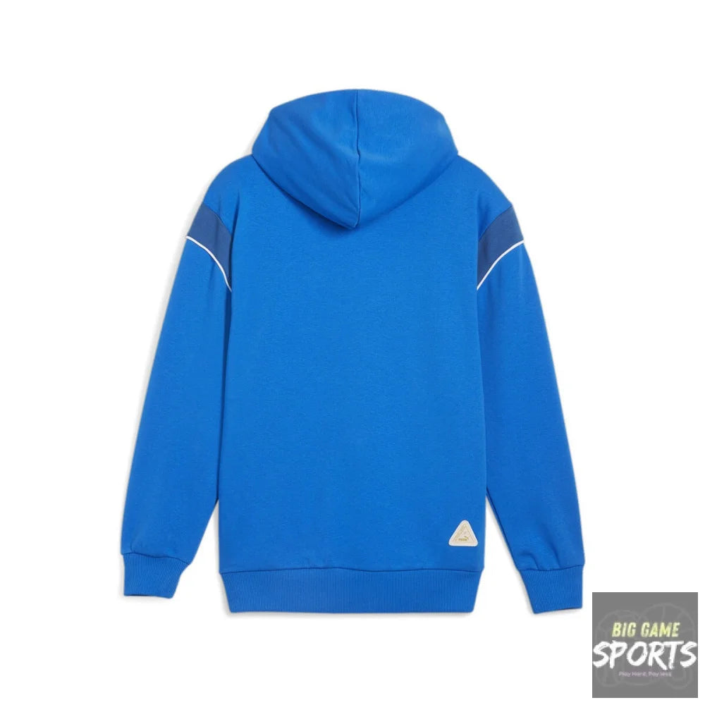 Blue hoodie with white accents on a white background