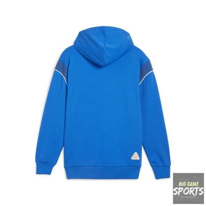 Blue hoodie with white accents on a white background